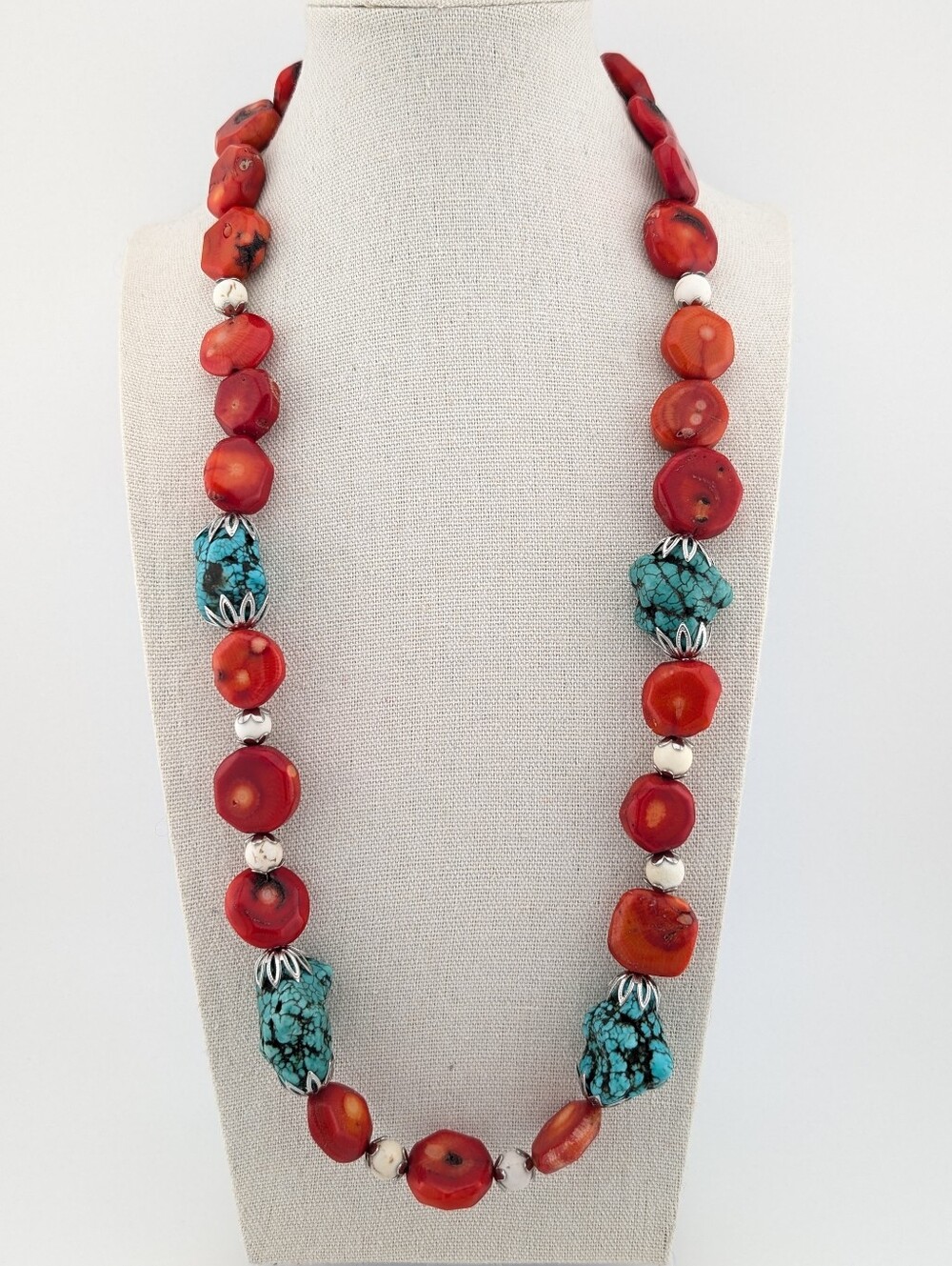 NWT Chunky Red Coral & Turquoise Beaded Southwestern Boho Statement Necklace - Picture 4 of 9